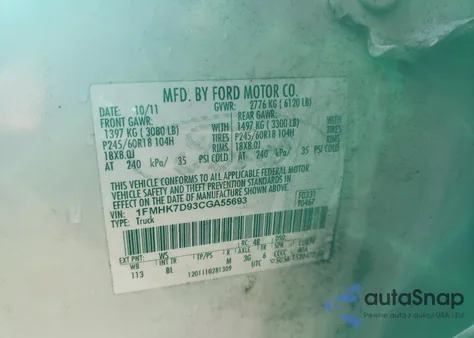 2012 Ford Explorer Xlt z USA, uszkodzony, nr VIN 1FMHK7D93CGA55693